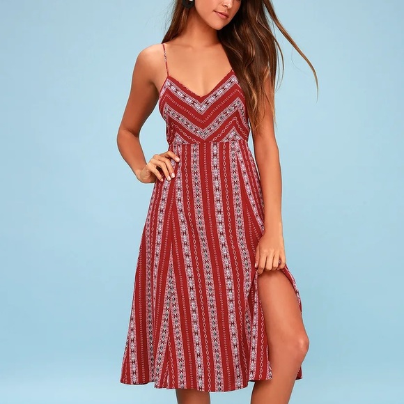 Lulu’s Rust Red Stripe Print Tie Back Side Slit Midi Dress - Picture 5 of 16